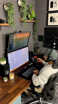 a man sitting at a desk with two monitors